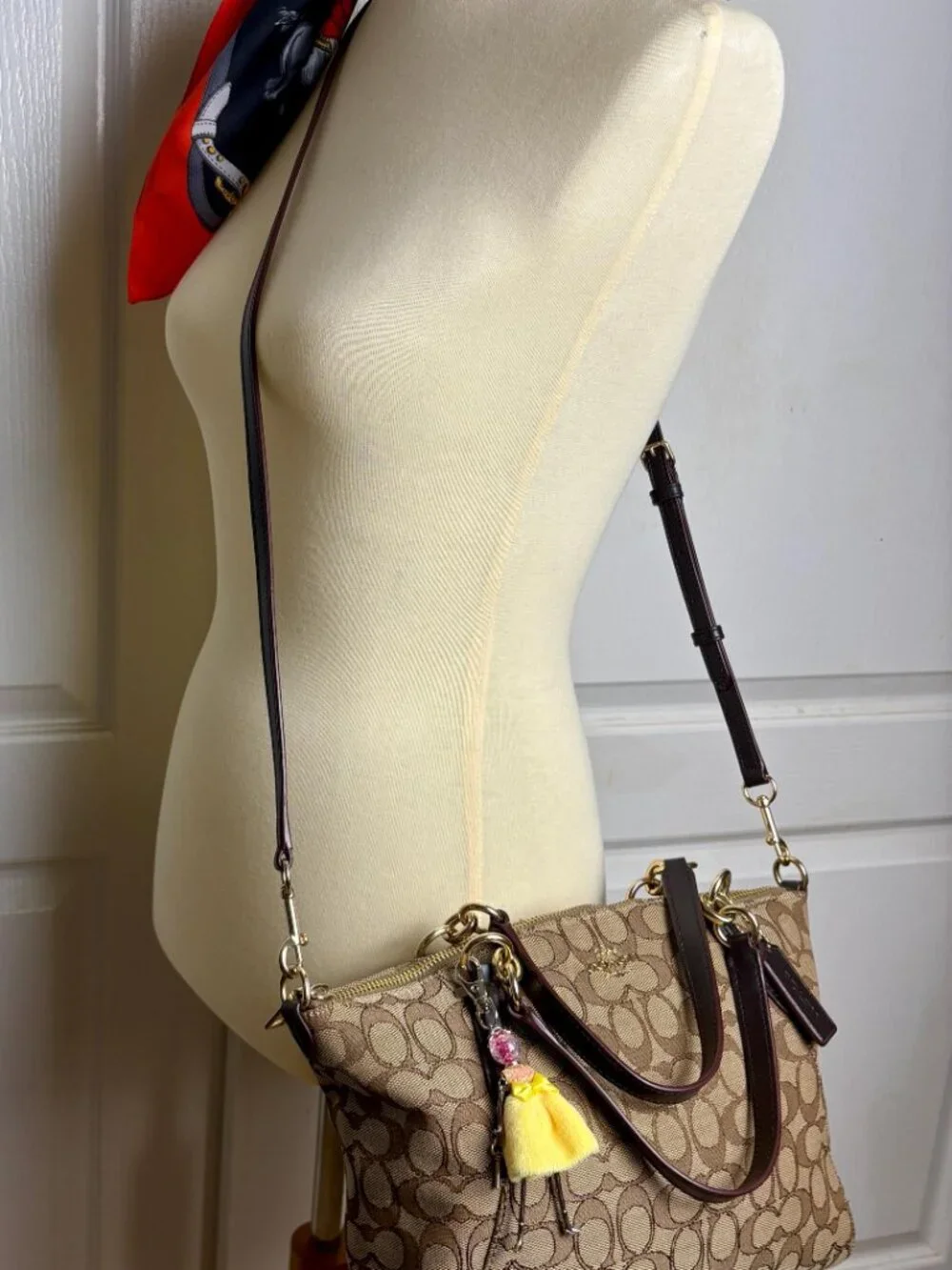 Coach Small Kelsey Satchel in Khaki Signature Jacquard, Leather Trim, Charm